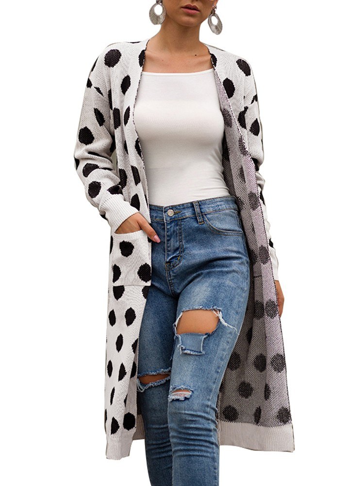 Women Knitted Long Cardigan Polka Dot Print Open Front Drop Shoulder Long Sleeves Pockets Autumn Winter Knitting Coat