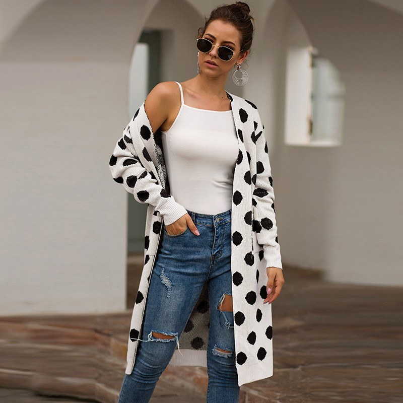 Women Knitted Long Cardigan Polka Dot Print Open Front Drop Shoulder Long Sleeves Pockets Autumn Winter Knitting Coat