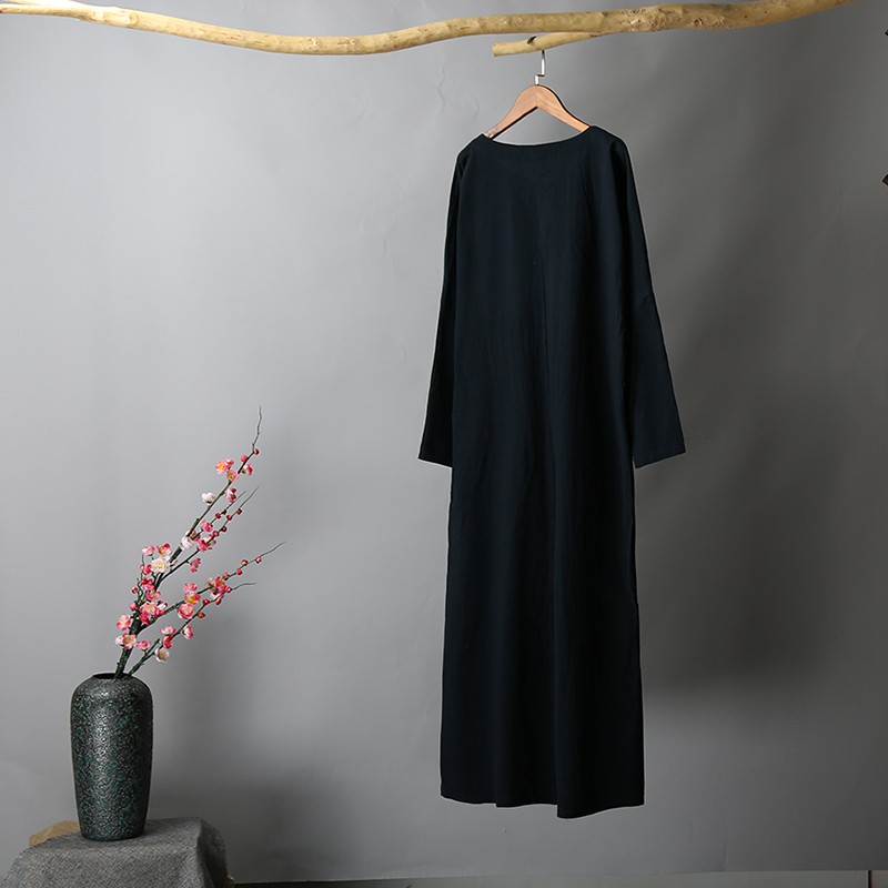 Vintage Women Loose Long Dress Batwing Long Sleeves Pockets Solid Baggy Robe Plus Size Casual Maxi Dress