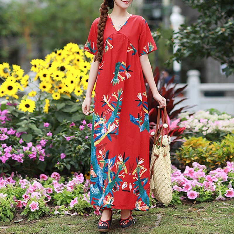 Women Vintage Loose Dress Boho Contrast Print Short Sleeves Oversized Robe Maxi Long Dress