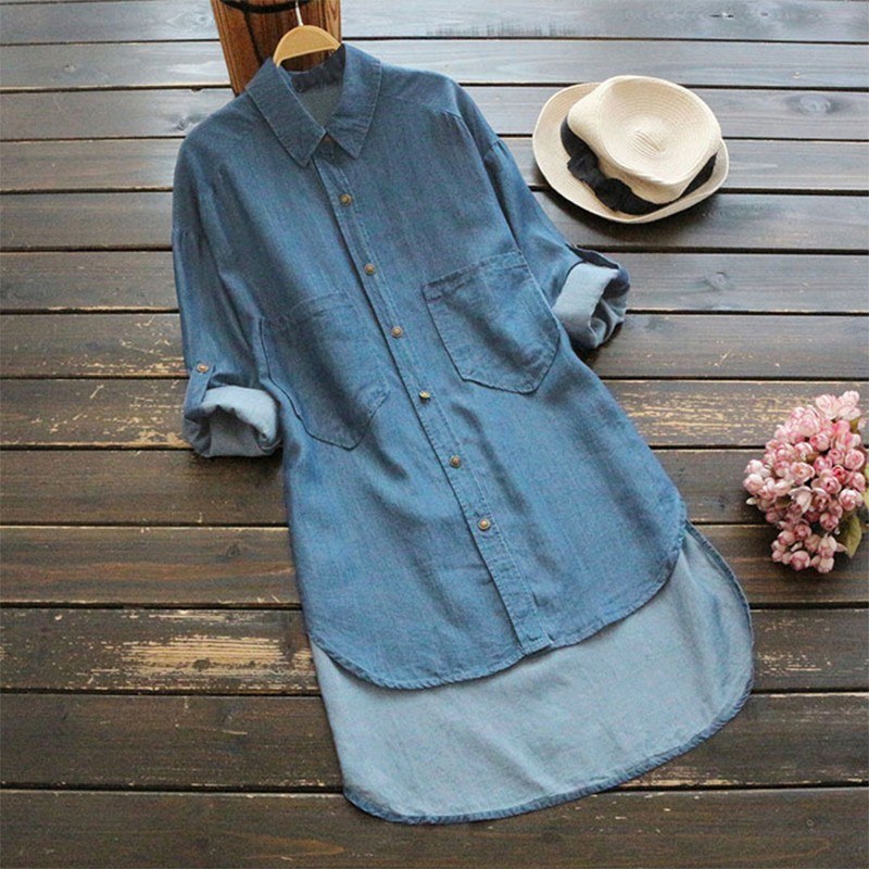 Women Plus Size Denim Blouse Turn Down Collar Rolled Long Sleeve Pockets Low High Irregular Hemline Loose Tops