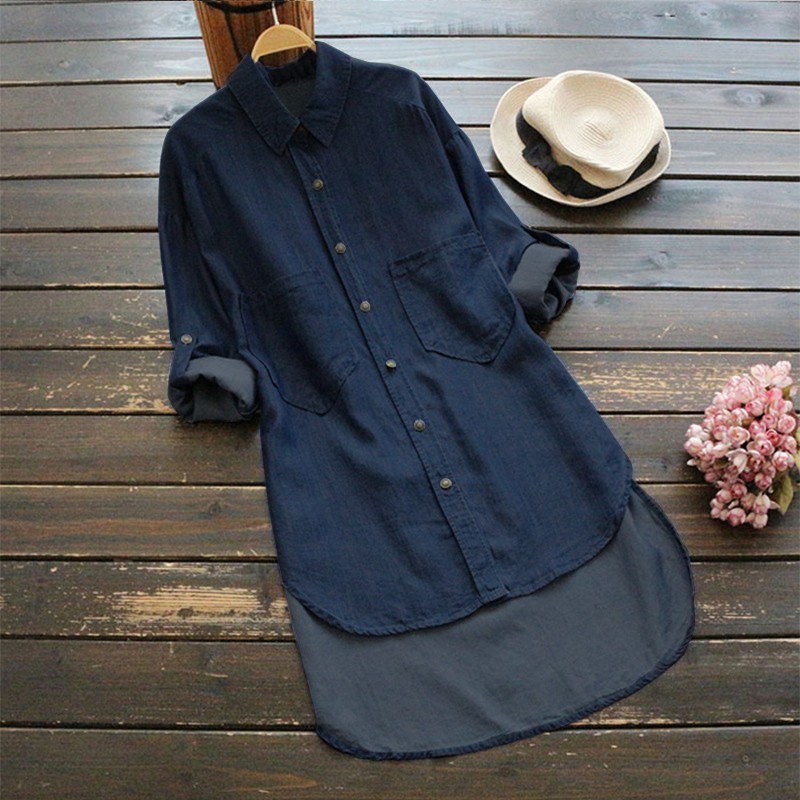 Women Plus Size Denim Blouse Turn Down Collar Rolled Long Sleeve Pockets Low High Irregular Hemline Loose Tops