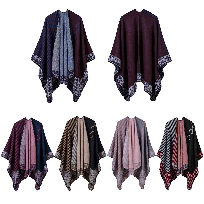 Women Poncho Scarf Cardigan Striped Vintage Warm Cape Shawl Long Scarves Pashmina Outwear