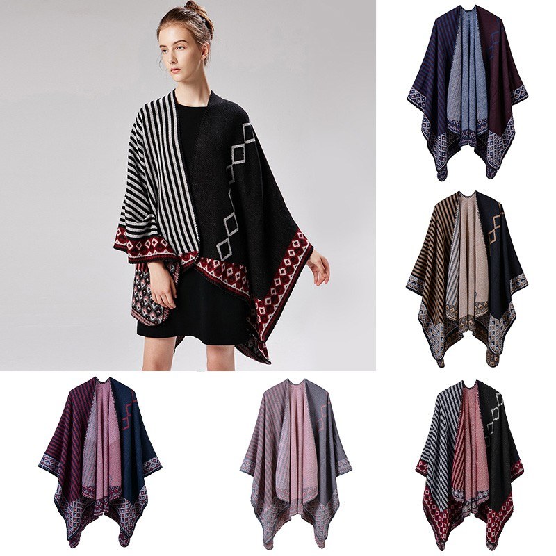 Women Poncho Scarf Cardigan Striped Vintage Warm Cape Shawl Long Scarves Pashmina Outwear