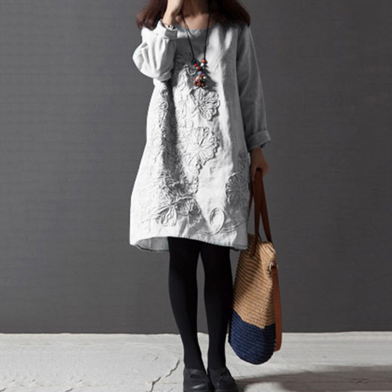 Women Cotton Linen Dress Floral Embroidery Long Sleeve Casual Loose Vintage Midi Dress