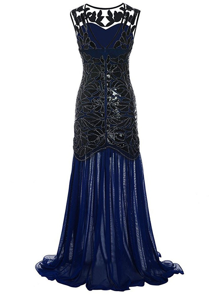 Women Sequined Gown Dress Sleeveless Pearls Mesh Ruffles Hem Cocktail Party Ball Dress