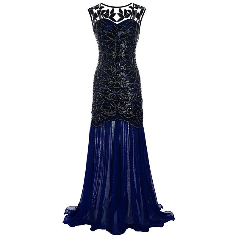 Women Sequined Gown Dress Sleeveless Pearls Mesh Ruffles Hem Cocktail Party Ball Dress