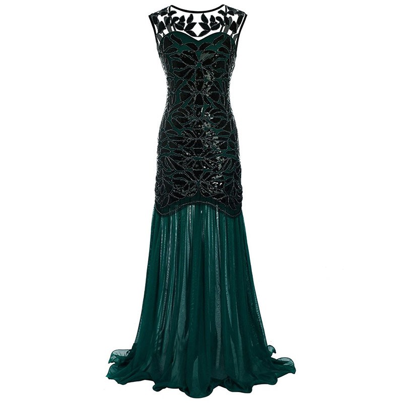 Women Sequined Gown Dress Sleeveless Pearls Mesh Ruffles Hem Cocktail Party Ball Dress