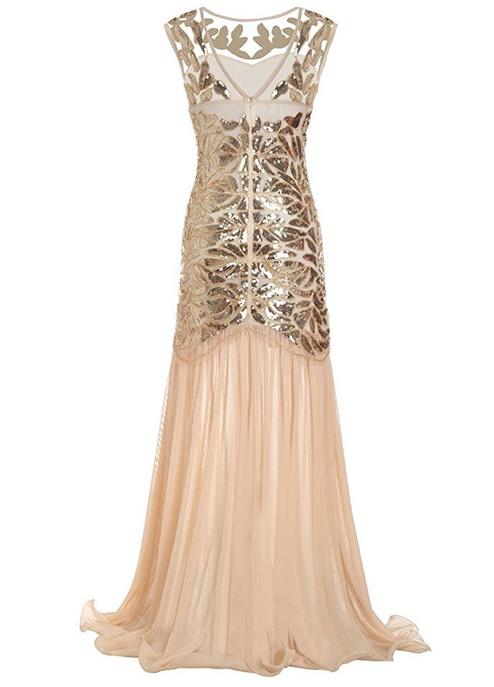 Women Sequined Gown Dress Sleeveless Pearls Mesh Ruffles Hem Cocktail Party Ball Dress