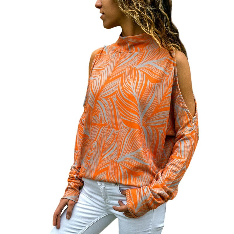 New Sexy Women Blouse Off Shoulder Geometric Print Long Sleeve High Collar Cold Shoulder T-shirt Tops