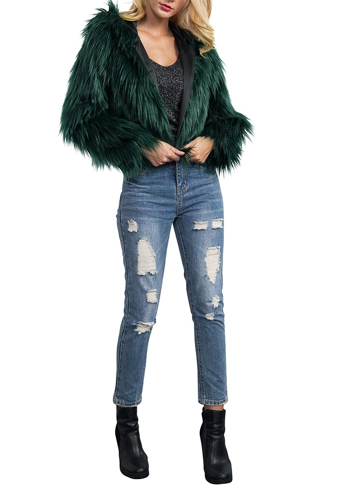 Fashion Women Winter Crop Faux Fur Hooded Coat Long Sleeve Fluffy Jacket Short Party Streetwear Outerwear