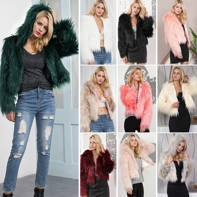 Fashion Women Winter Crop Faux Fur Hooded Coat Long Sleeve Fluffy Jacket Short Party Streetwear Outerwear