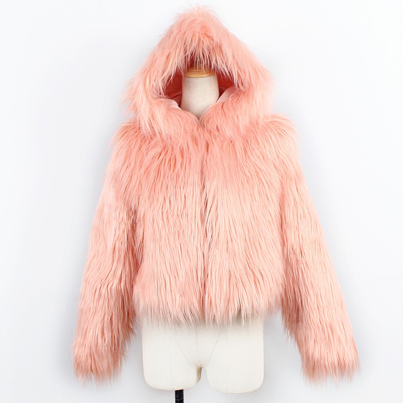 Fashion Women Winter Crop Faux Fur Hooded Coat Long Sleeve Fluffy Jacket Short Party Streetwear Outerwear