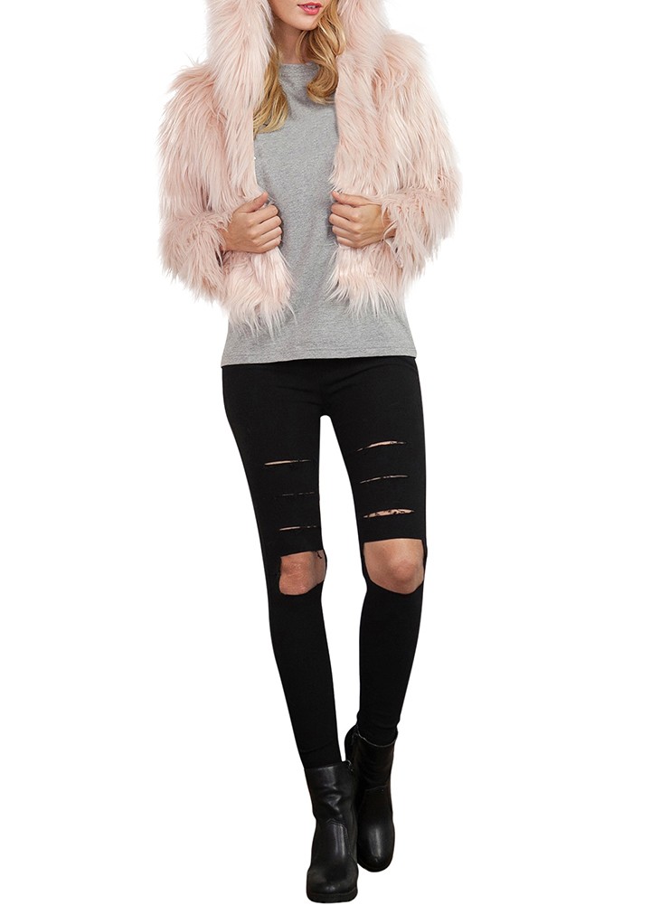 Fashion Women Winter Crop Faux Fur Hooded Coat Long Sleeve Fluffy Jacket Short Party Streetwear Outerwear