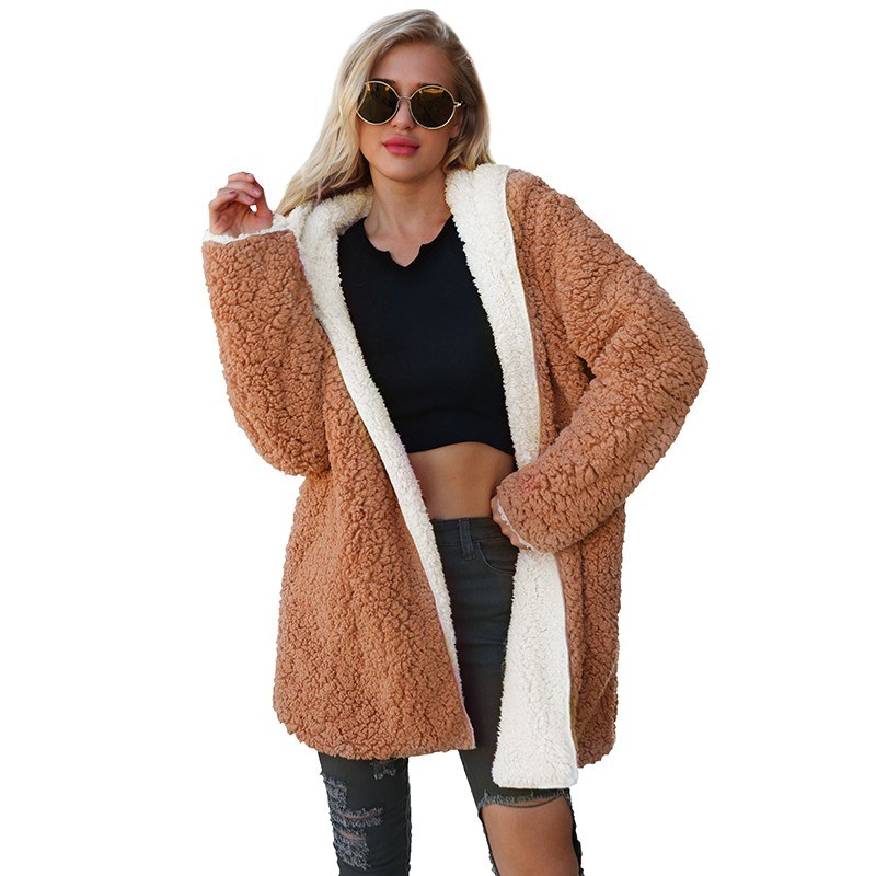 Fashion Women Hooded Coat Cashmere Fleece Open Front Thick Warm Cardigan Jacket Outerwear Overcoat