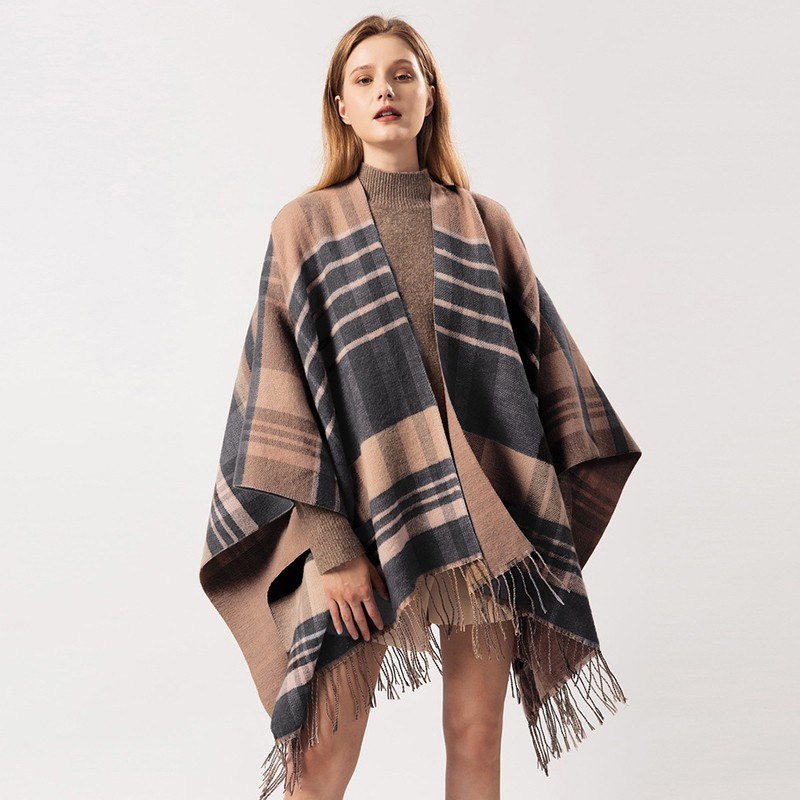 Women Poncho Cardigan Sweater Contrast Color Plaid Print Cashmere Capes Shawl Scarf Outerwear