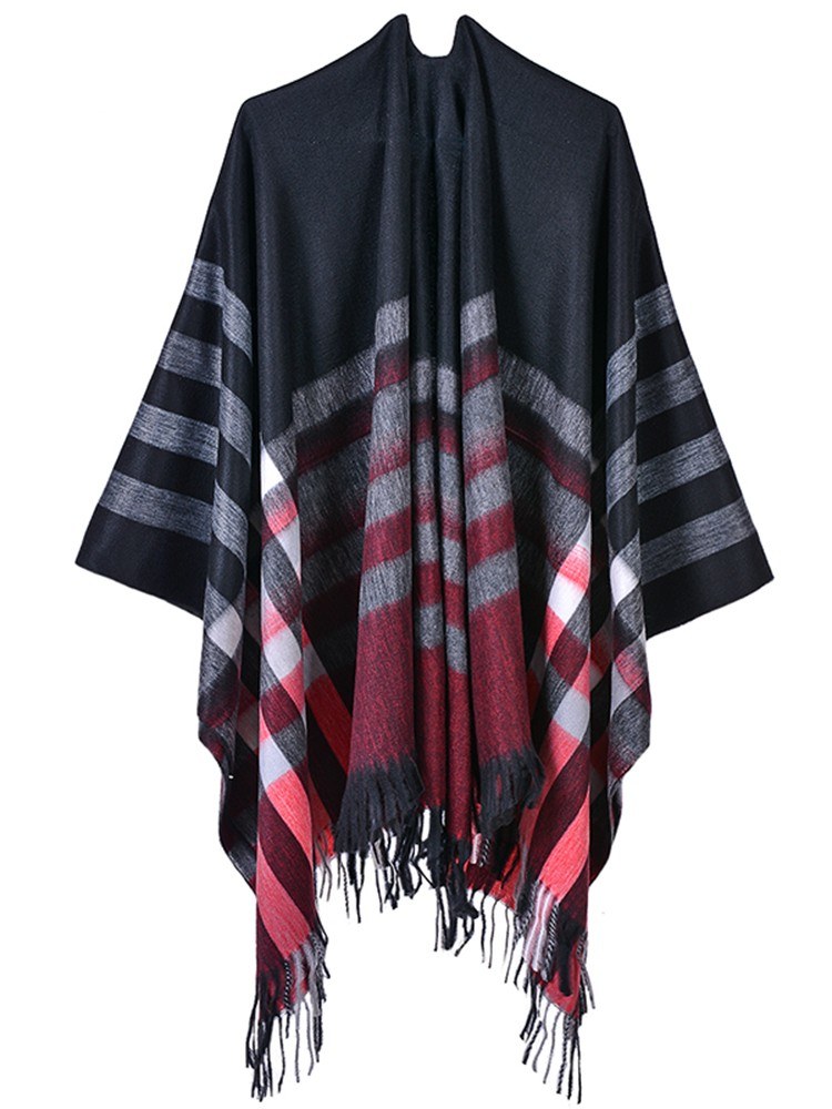 Women Poncho Cardigan Sweater Contrast Color Plaid Print Cashmere Capes Shawl Scarf Outerwear