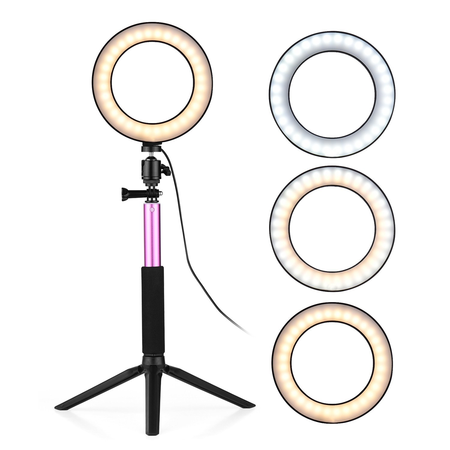 6 Inch Mini LED Ring Light Photography Lamp Dimmable 3 Lighting Modes USB Powered with Telescopic Stand Mini Desktop Tripod Ballhead for Selfie Photography