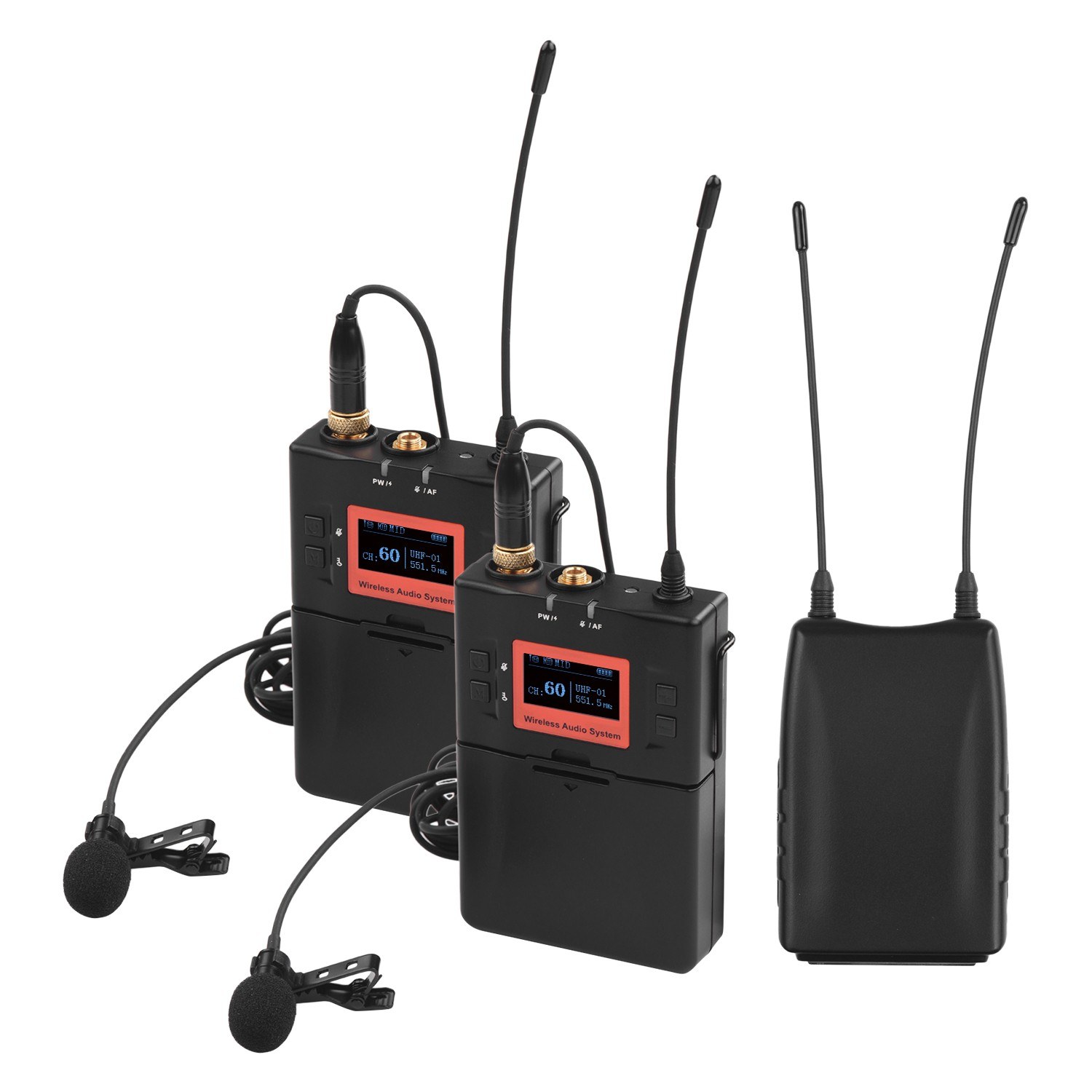 Wireless Lavalier Microphone System UHF 60-channels Dual Transmitters One Receiver for DSLR Camera Camcorder Smartphone PC Tablet Sound Audio Interview Recording