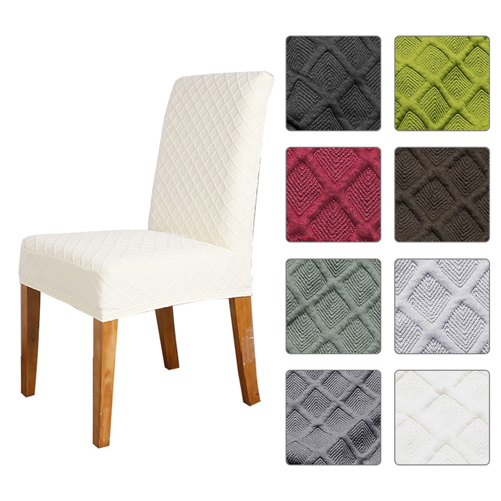 1pcs Stretch Solid Diamond Lattice Dining Chair Cover Slipcover Removable Washable Short Dining Chair Protector Seat Solid Slipcovers for Hotel Dining White