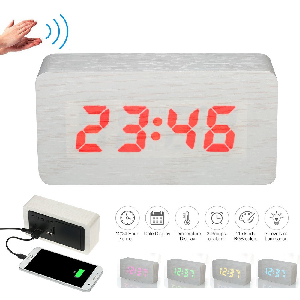 USB/Battery Operated Digital 115-Color RGB LED Alarm Clock Time/Temperature/Date Display 3-Level Brightness Voice Control Snooze Alarm Clock with Two USB Ports--White