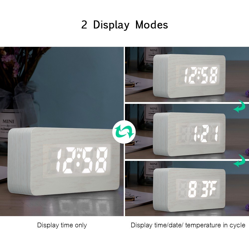 USB/Battery Operated Digital 115-Color RGB LED Alarm Clock Time/Temperature/Date Display 3-Level Brightness Voice Control Snooze Alarm Clock with Two USB Ports--White