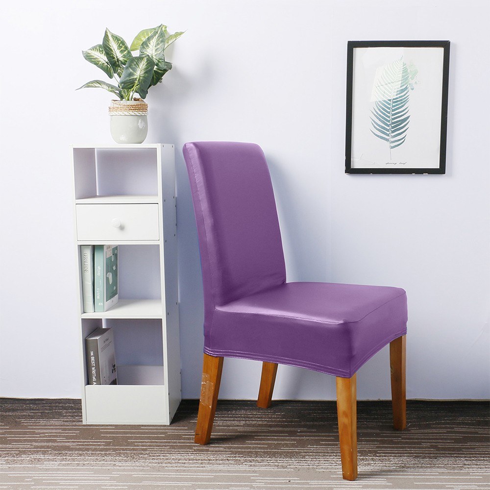 Stretch Solid Pu Leather Waterproof Dining Chair Cover Slipcover Removable Washable Short Dining Chair Protector Seat Solid Slipcovers for Hotel Dining 4pcs Purple