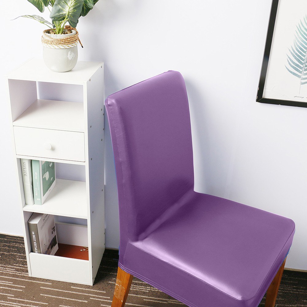 Stretch Solid Pu Leather Waterproof Dining Chair Cover Slipcover Removable Washable Short Dining Chair Protector Seat Solid Slipcovers for Hotel Dining 4pcs Purple