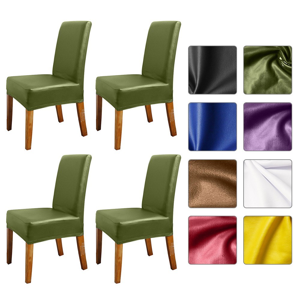 Stretch Solid Pu Leather Waterproof Dining Chair Cover Slipcover Removable Washable Short Dining Chair Protector Seat Solid Slipcovers for Hotel Dining 4pcs Green