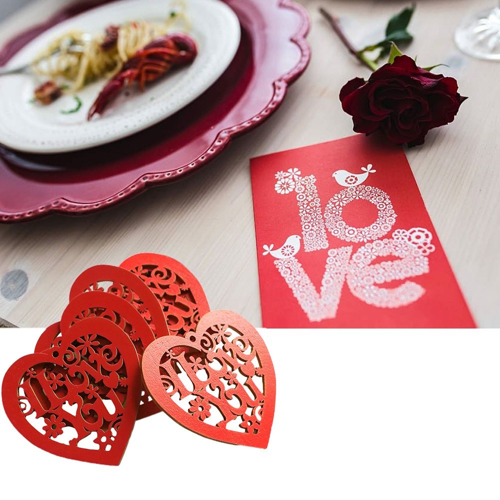 10Pcs Wooden Heart Hollow I Love You with String Wedding Hanging Ornaments DIY Craft Decoration