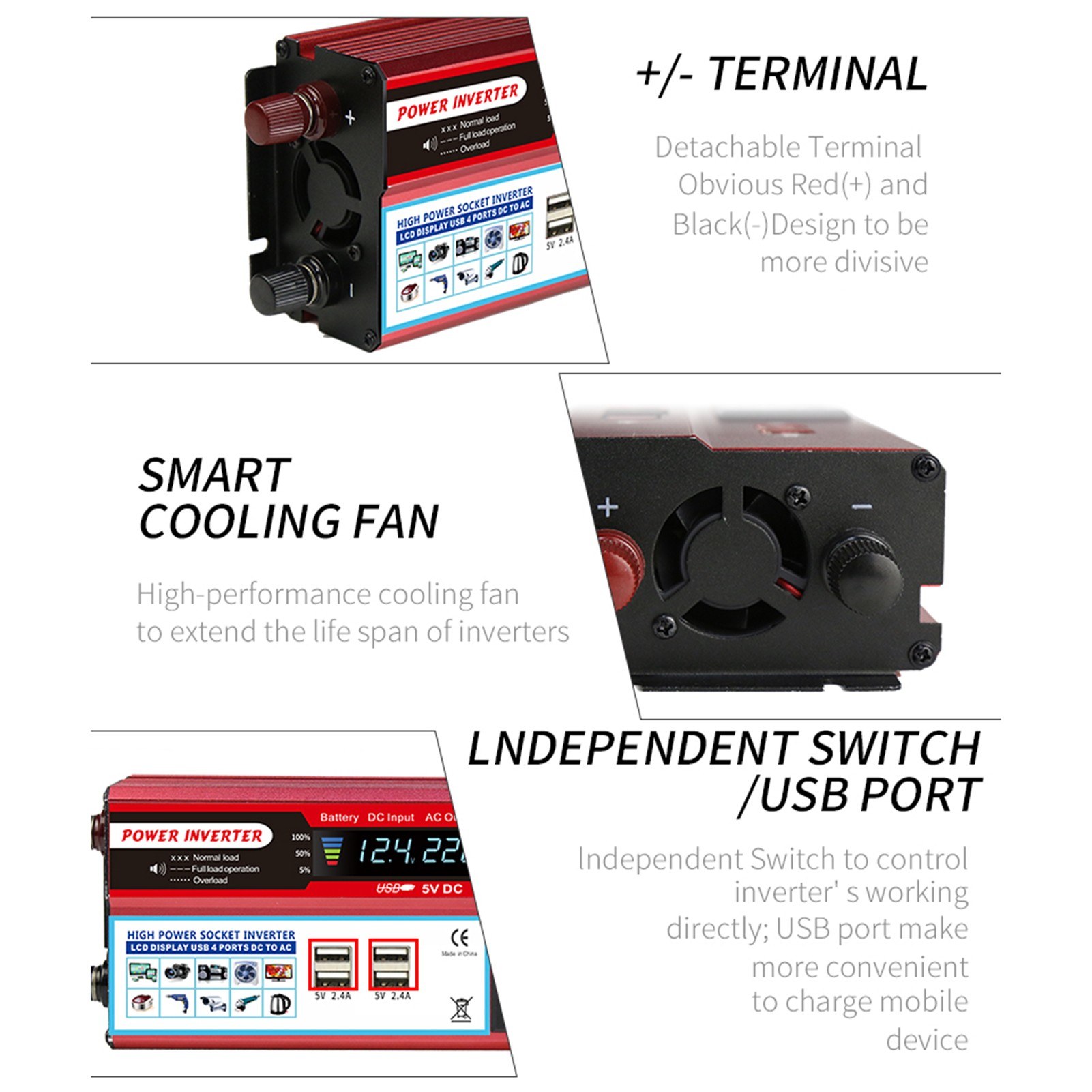 Power Inverter Vehicle Power Converter Universal Modified Sine Wave 2000W DC 12V to 220V AC