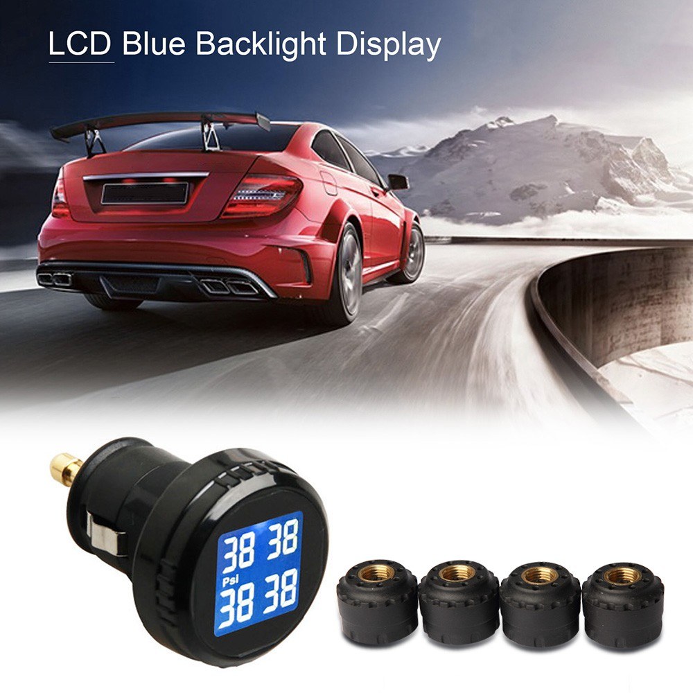 Tire Pressure Monitor with 4 External Cap Sensors Wireless Tire Pressure Monitoring System TPMS Cigarette Lighter Plug LCD Blue Backlight Display