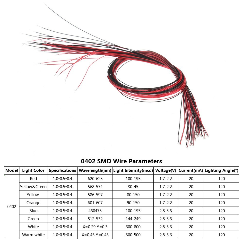 20Pcs 0402 Pre-welded 3V 200mm M-icro Litz Wired Leads S-MD L-ED Lamp DIY Model Material Light (Seven strands, 0.28mm leather thread)