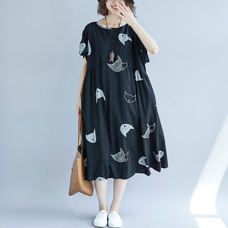 Plus Size Women Loose Dress Cute Cartoon Cat Print O Neck Raglan Short Sleeve Baggy Large Size Oversized Maxi Dress