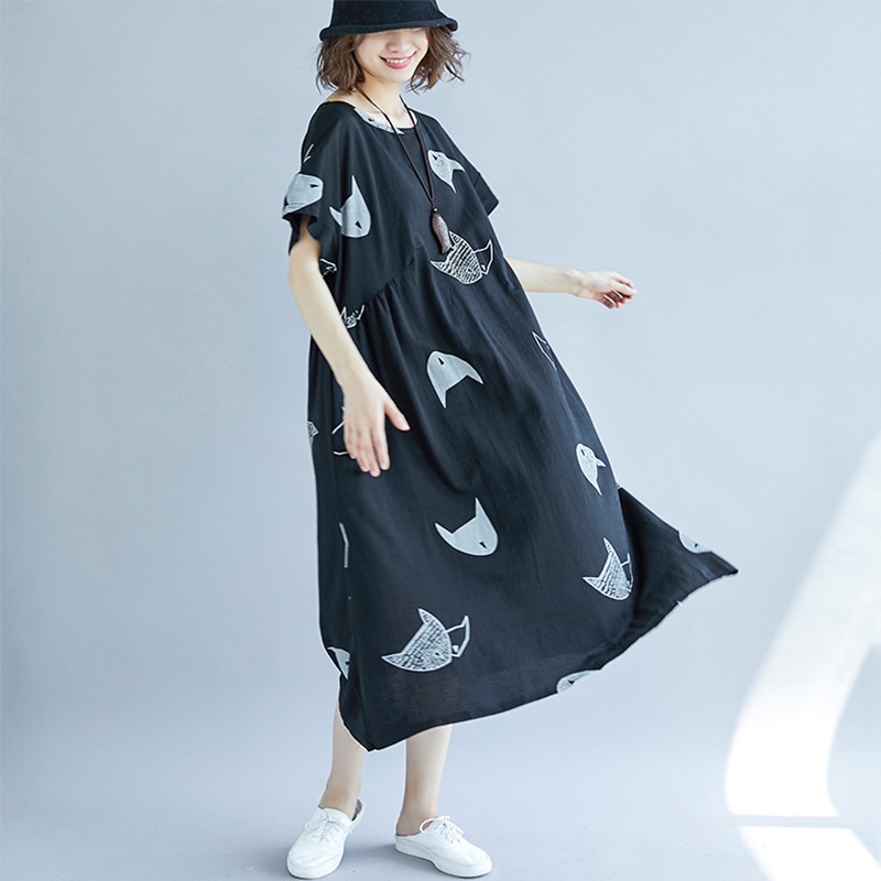 Plus Size Women Loose Dress Cute Cartoon Cat Print O Neck Raglan Short Sleeve Baggy Large Size Oversized Maxi Dress