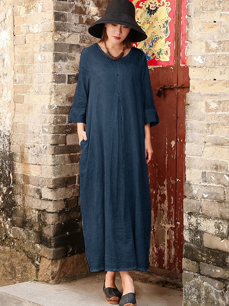 Fashion Women Large Size Dress O Neck 3/4 Sleeve Solid Vintage Maxi Dress Beige/Dark Blue/Orange