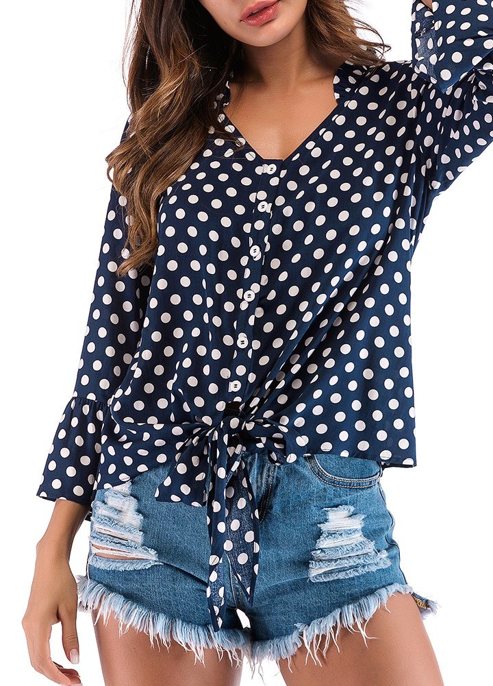 New Sexy Women Blouse Polka Dot Deep V Neck Flare Long Sleeve Bandage Short Style Casual Crop Top