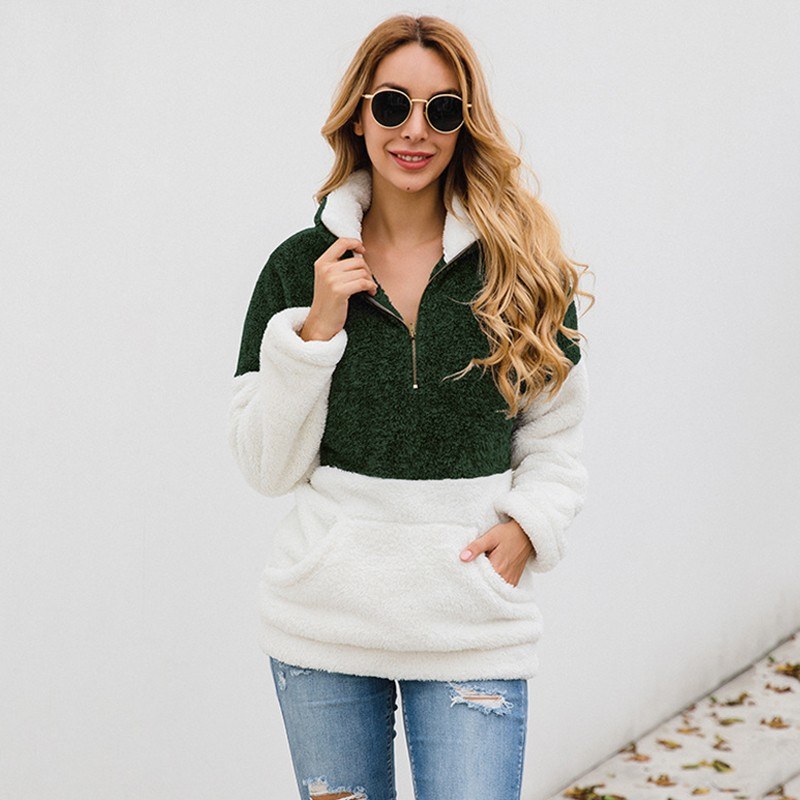 Women Warm Fluffy Sweatshirt Turtleneck Fleeces Contrast Color Pullovers Hoodies Casual Tops Outwear