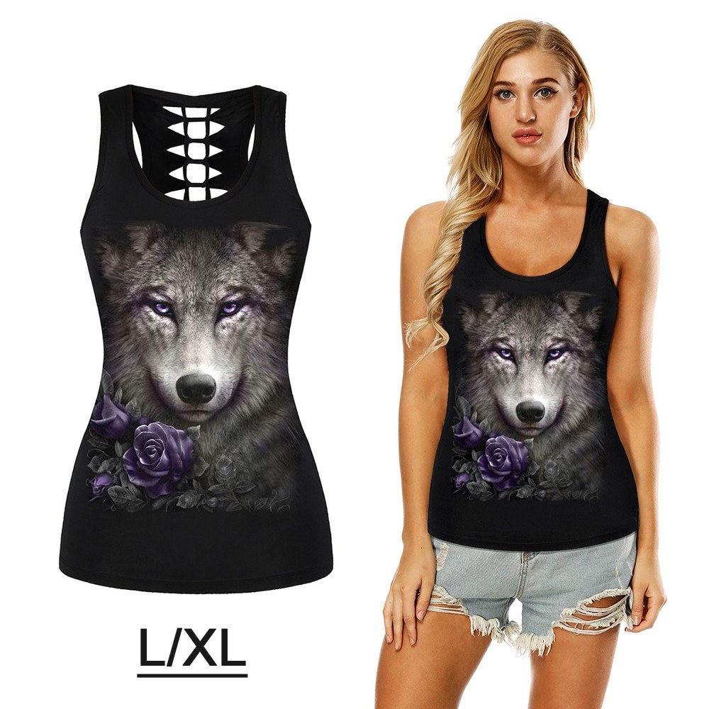 Women's Skull Print Halloween Out T-Shirt Sleeveless Summer 3D Print Wolf Tank Top Vest， L/XL