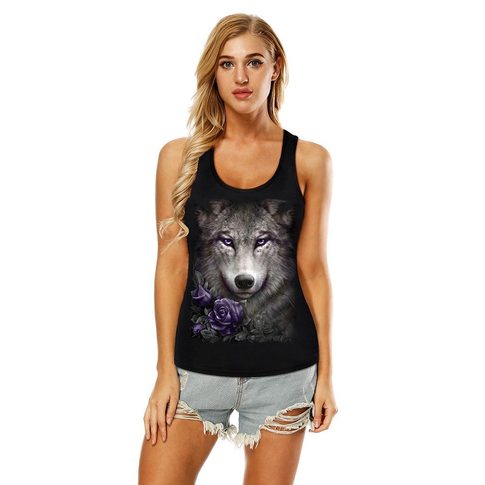 Women's Skull Print Halloween Out T-Shirt Sleeveless Summer 3D Print Wolf Tank Top Vest， L/XL