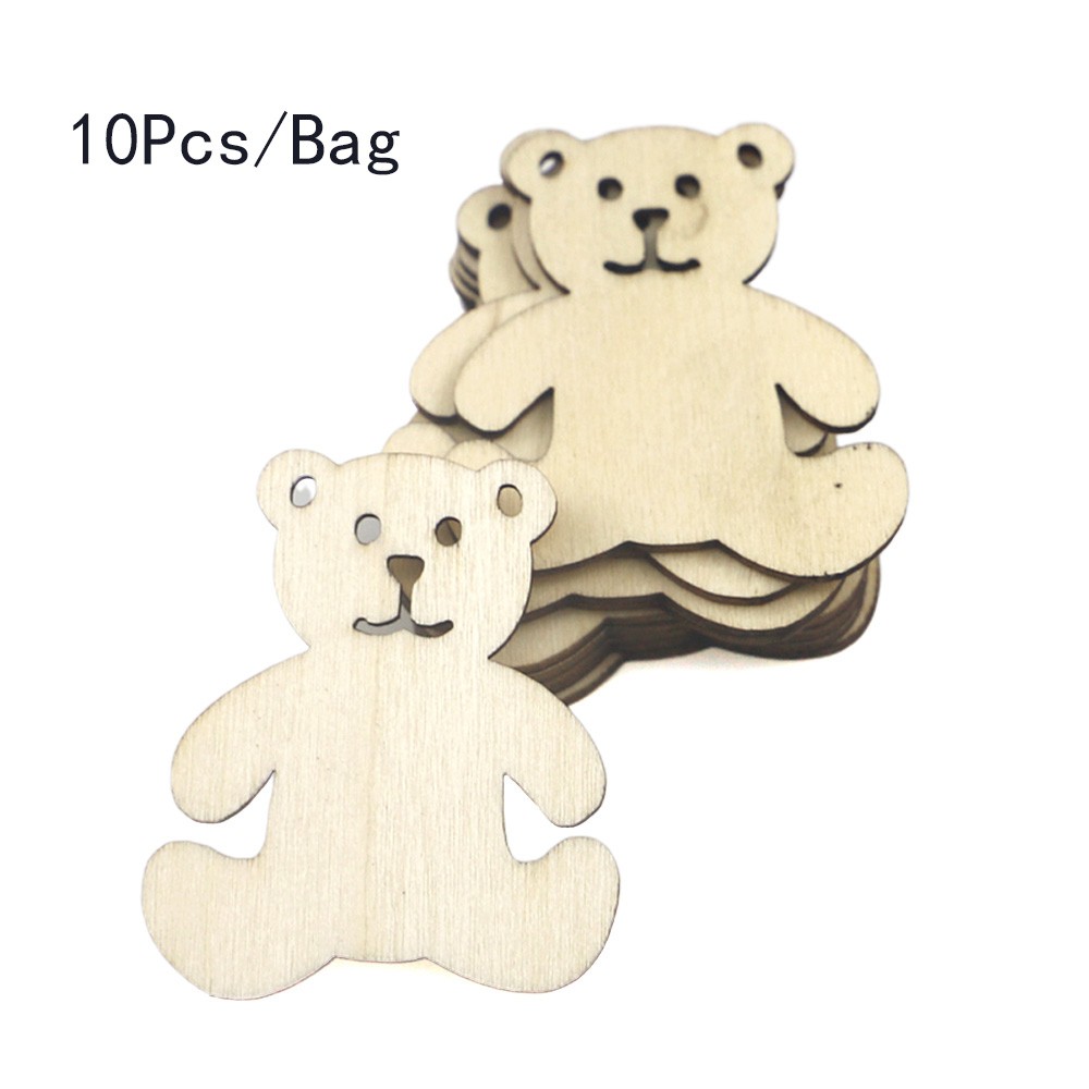 10Pcs Bear Pattern DIY Wood Craft Home Decoration Natural Wood Ornaments for Scrapbooking Album