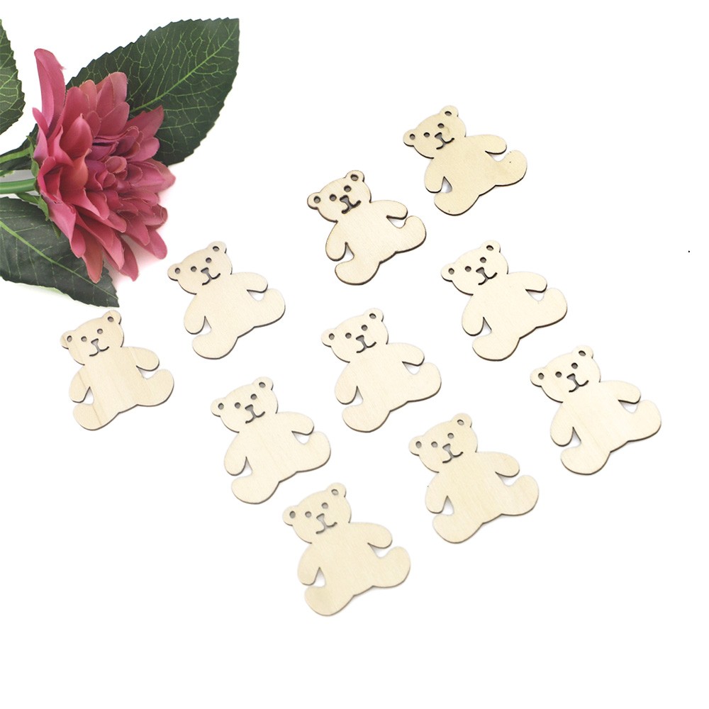 10Pcs Bear Pattern DIY Wood Craft Home Decoration Natural Wood Ornaments for Scrapbooking Album