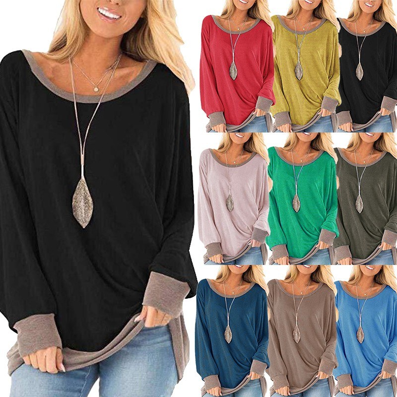 Women T-shirt Color Block Splicing Drop Shoulder Round Neck Long Sleeve Loose Casual Street Wear