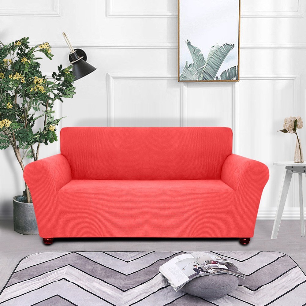 Stretch Sofa Slipcover Spandex Anti-Slip Soft Couch Sofa Cover 2 Seater Washable for Living Room Kids Pets（Red Orange）