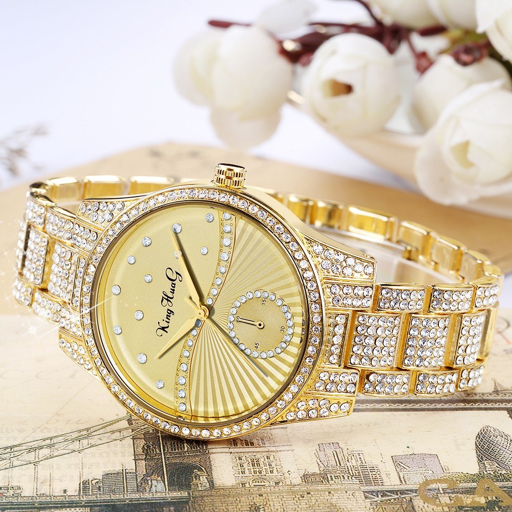 Fashion Women Watch Alloy Case Band Analog Wrist Watch Diamond Waterproof Quartz Watch