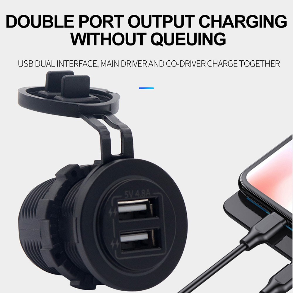 Dual USB Charger Socket Waterproof Power Outlet 4.8A/5V LED Indicator for 12/24V Car RV Boat ATV Marine Motorcycle