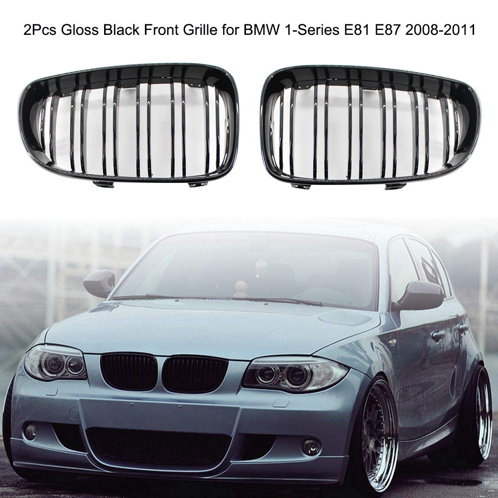 2Pcs Gloss Black Front Bumper Hood Kidney Grille Racing Grille Replacement for BMW 1-Series E81 E87 2008-2011