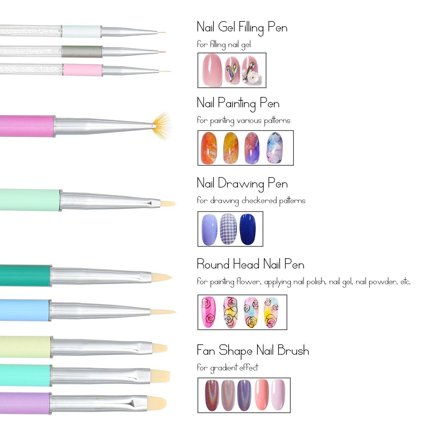 10PCS Nail Pens Set Rhinestone Metal Handle Acrylic UV Gel Nail Brushes for Nail Painting Drawing Lining Carving Nail Art Tools