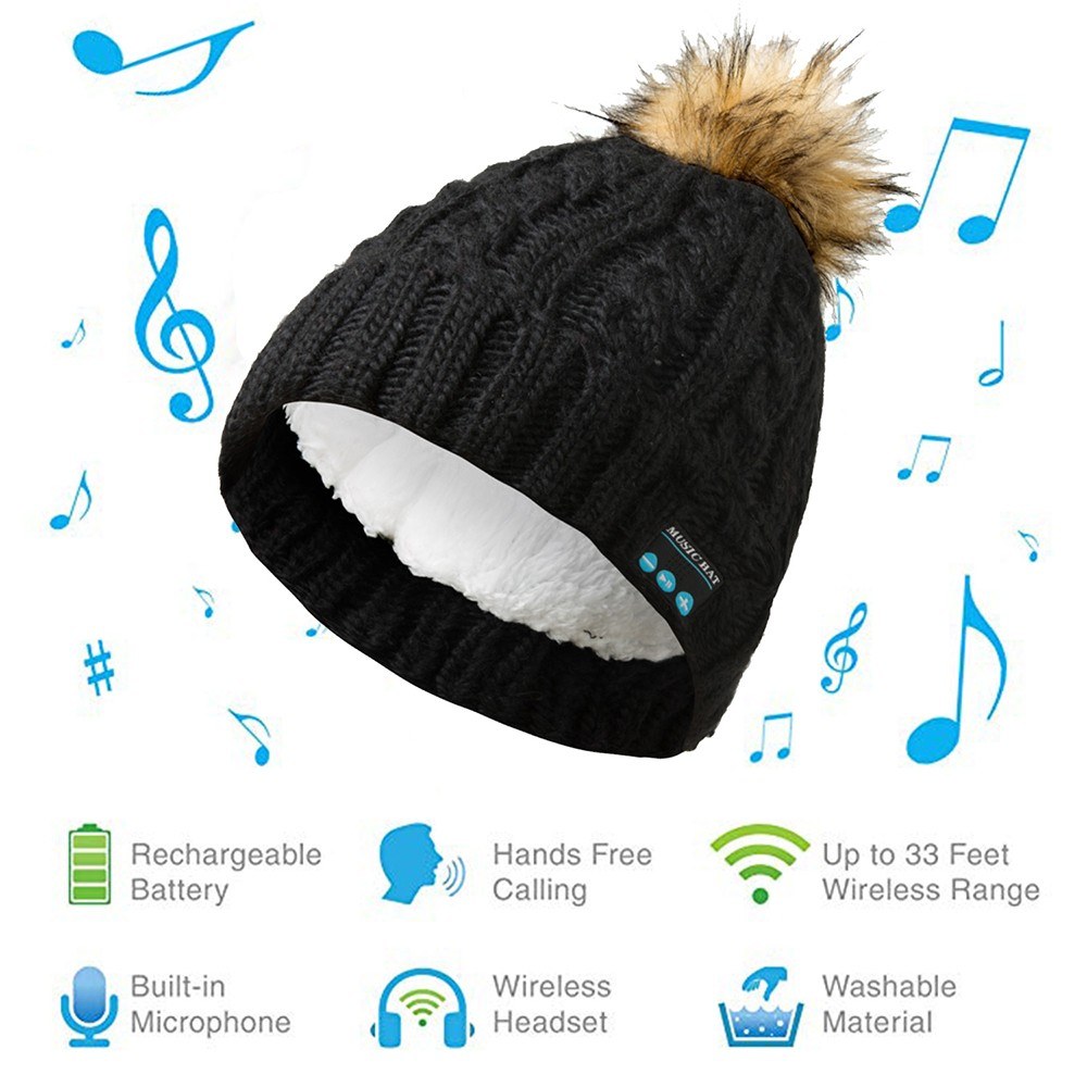 MZ023A BT5.0 Connected Music Knitted Cocky Hat Thickened One-click Answering/ Hanging up Built-in Microphone 200mAh High Capacity Rechargeable Batter-y Light Black for Adult One Size