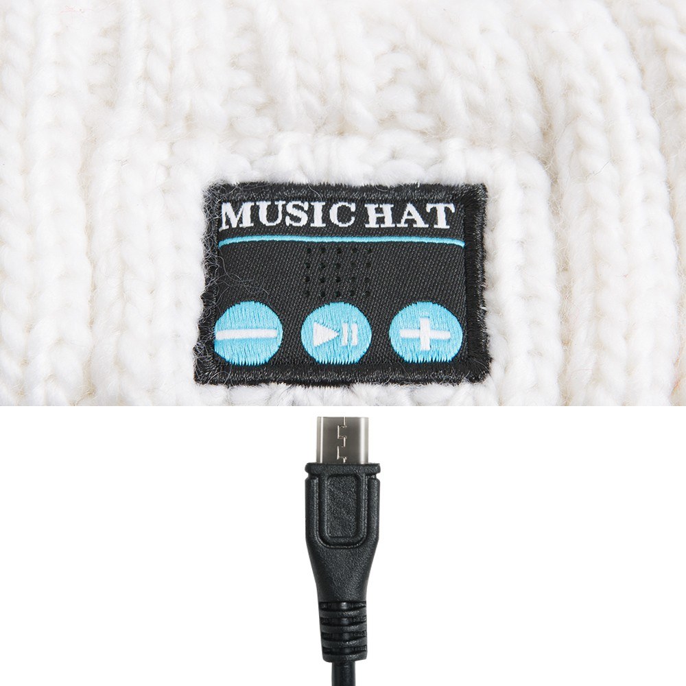 MZ023A BT5.0 Connected Music Knitted Cocky Hat Thickened One-click Answering/ Hanging up Built-in Microphone 200mAh High Capacity Rechargeable Batter-y White for Adult One Size